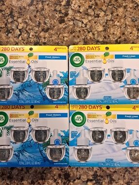 NWT Air Wick Essential Oils 4-Refill Packs Set of 4 Fresh Waters & Fresh Linen